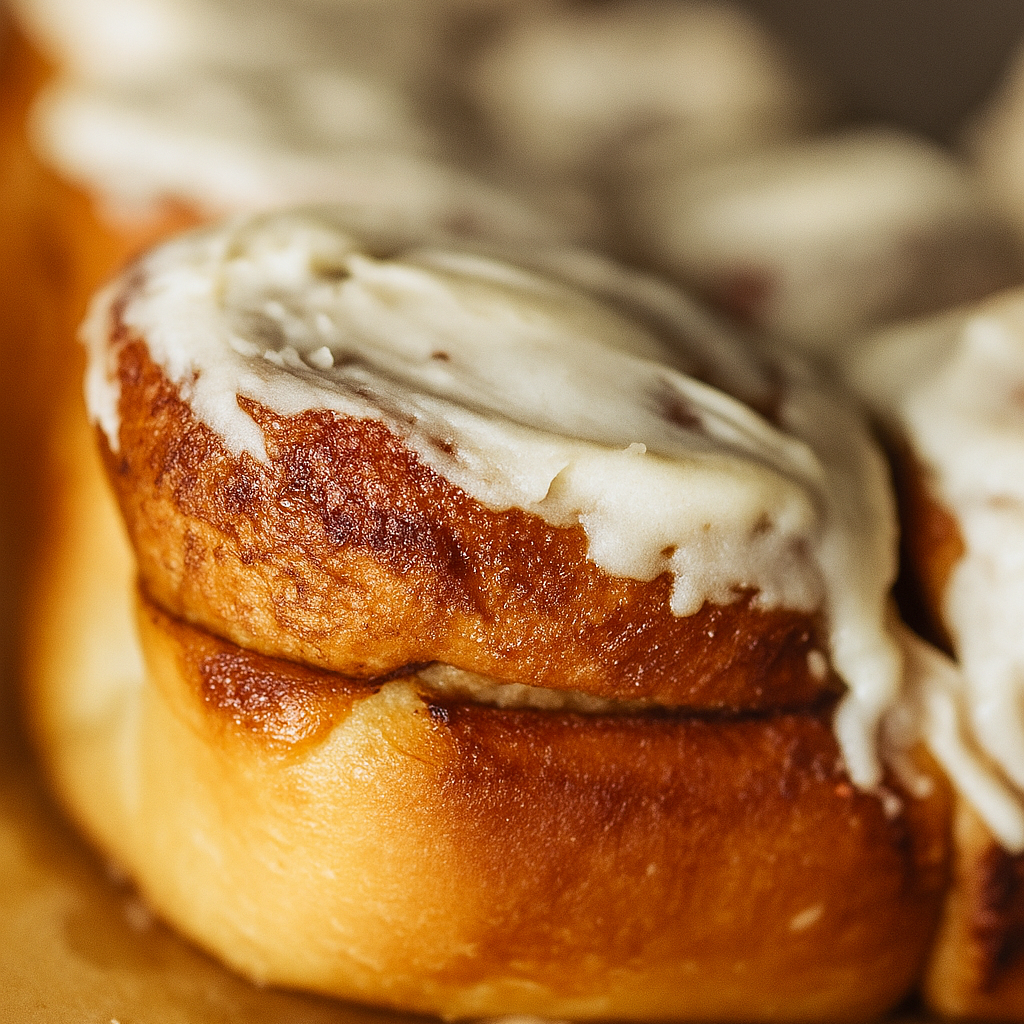 Close-up of a cinnamon roll with white icing on brown paper
