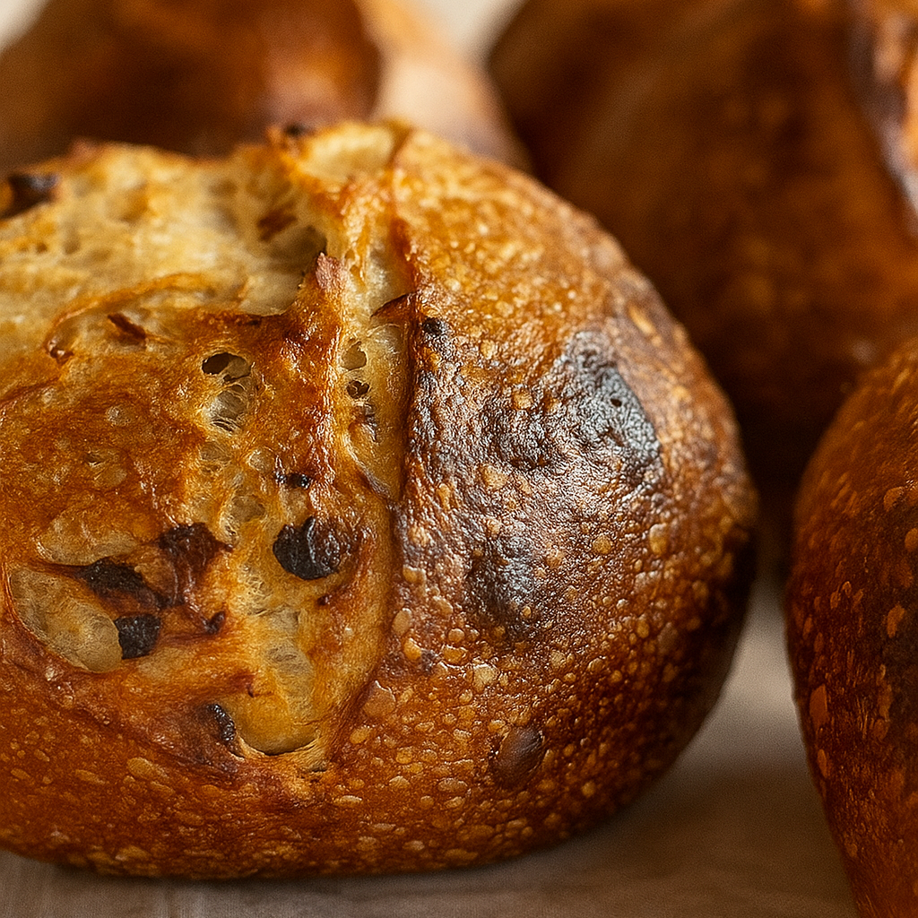 Close-up of a loaf of bread with a rustic crust on a wooden surface