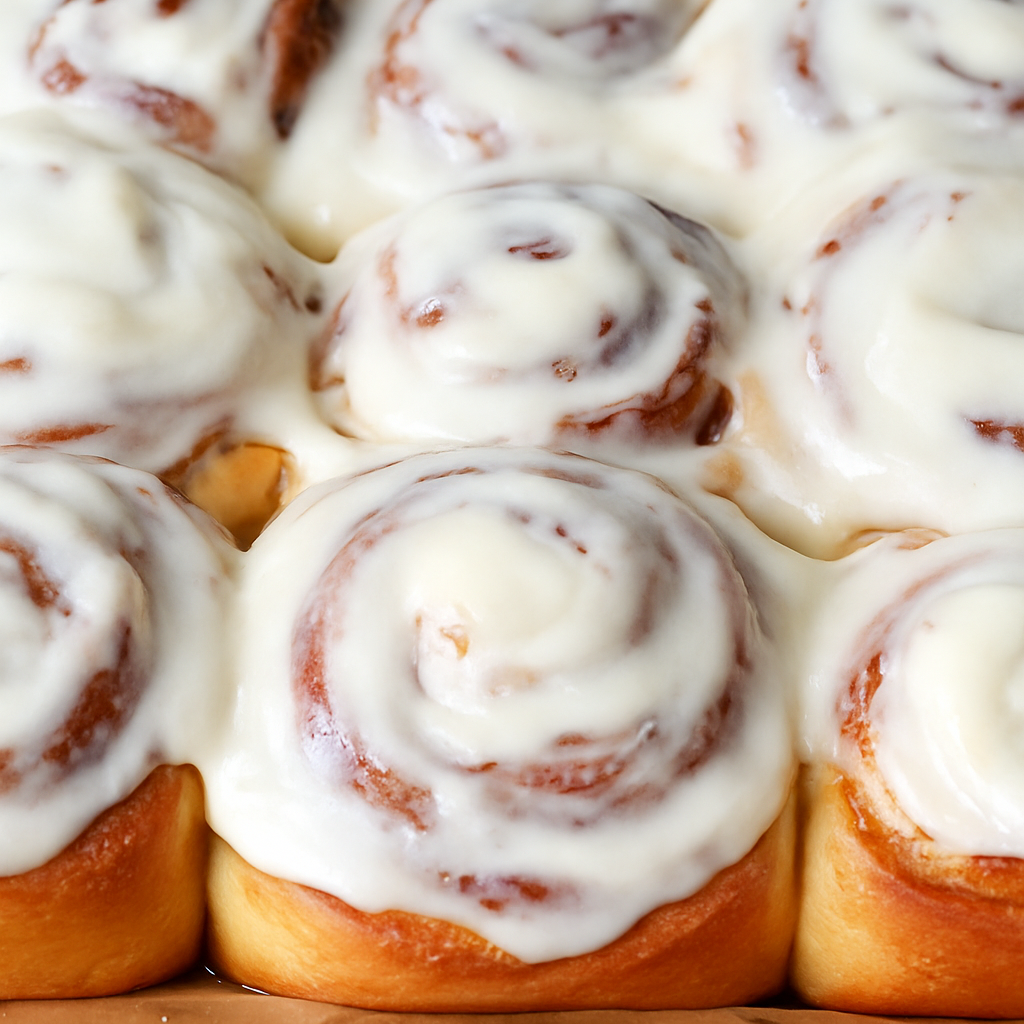 Cinnamon rolls with white icing on a baking sheet