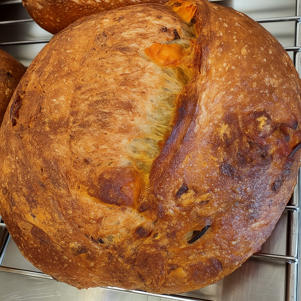 Loaves of bread on a metal cooling rack