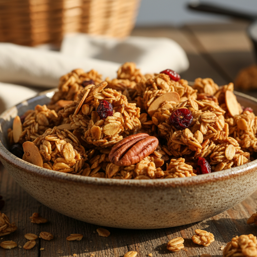Bowl of granola with nuts and dried fruits on a wooden surface