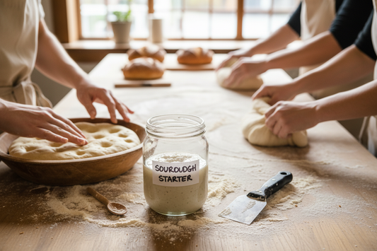 People working with dough on a wooden table with a jar labeled 'Sourdough Starter'.