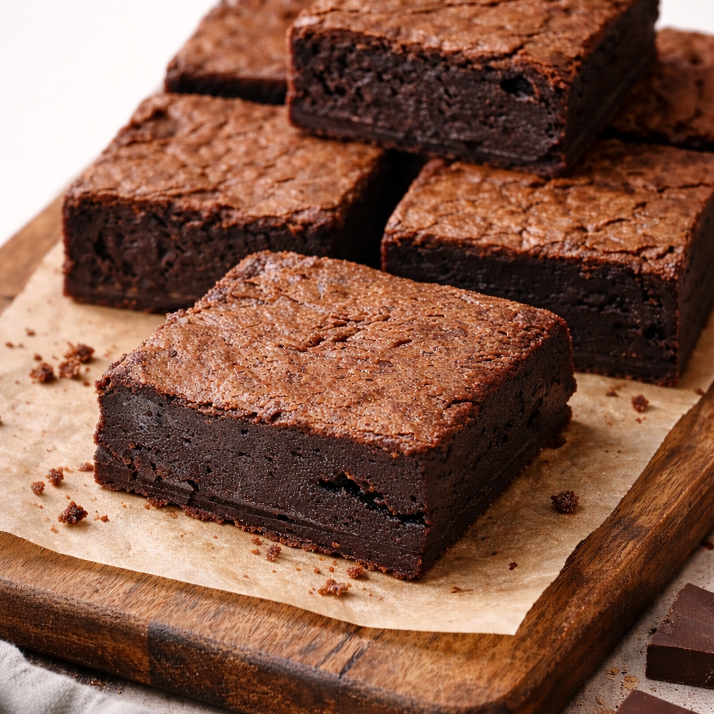 Sourdough square brownies on a wooden cutting board with a white background