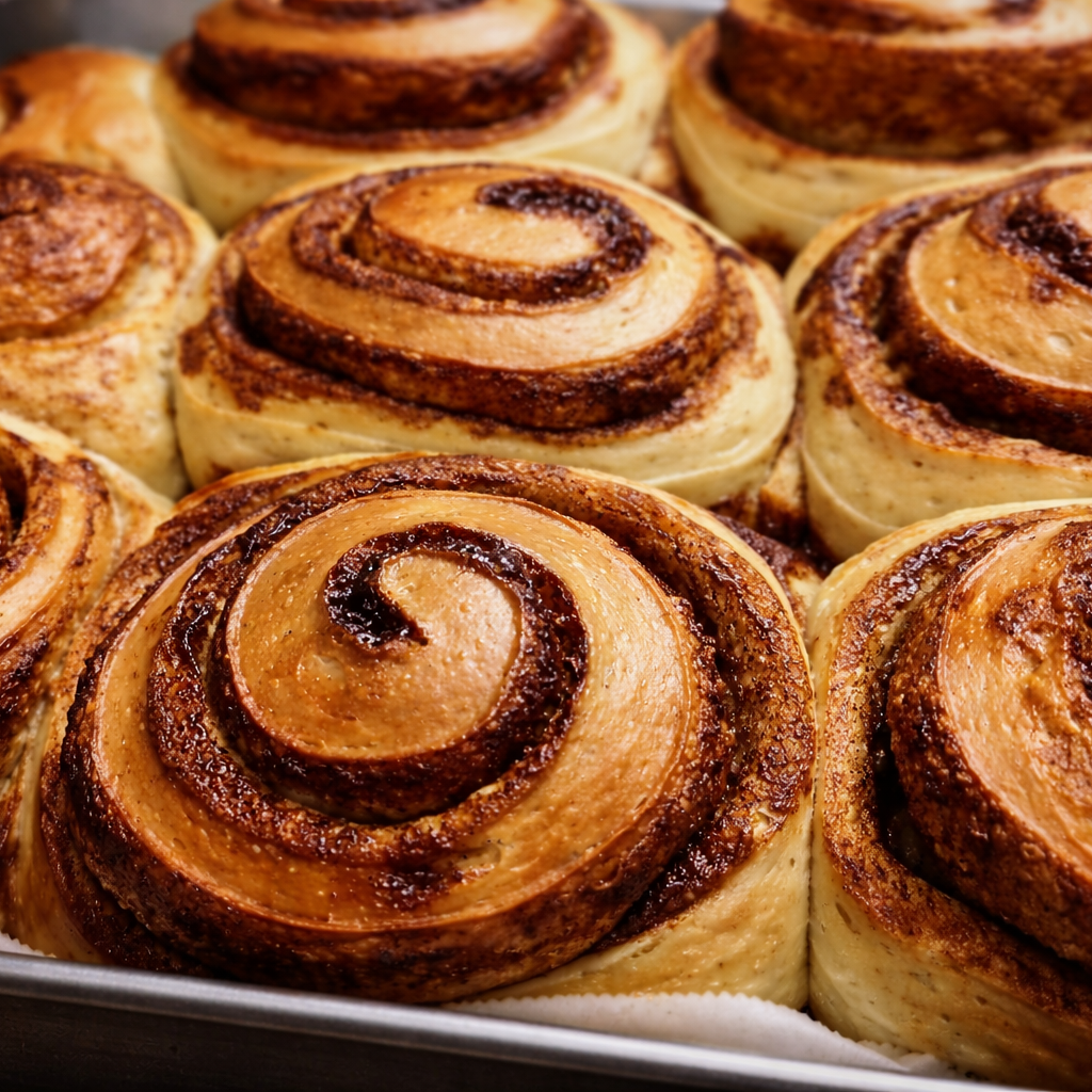 Baked cinnamon rolls on a tray