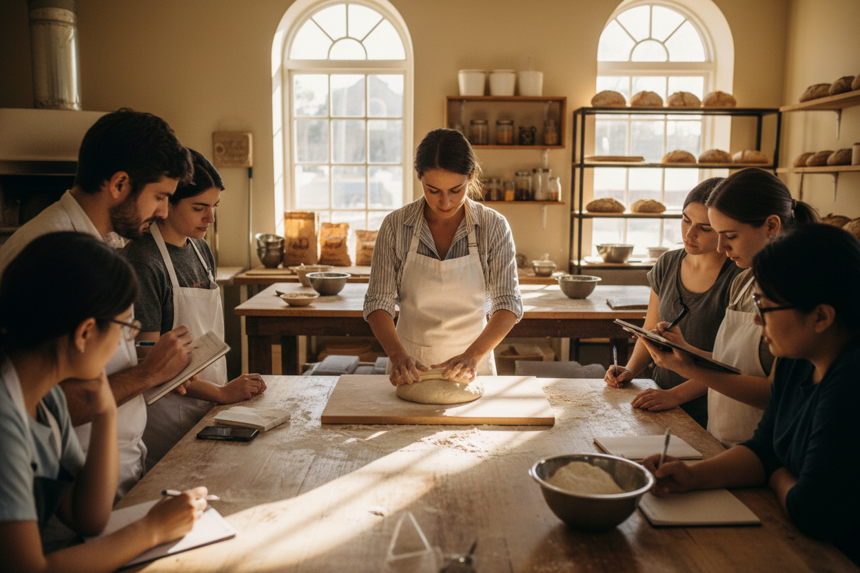 Sourdough workshop image with instructor showing students how to shape dough 